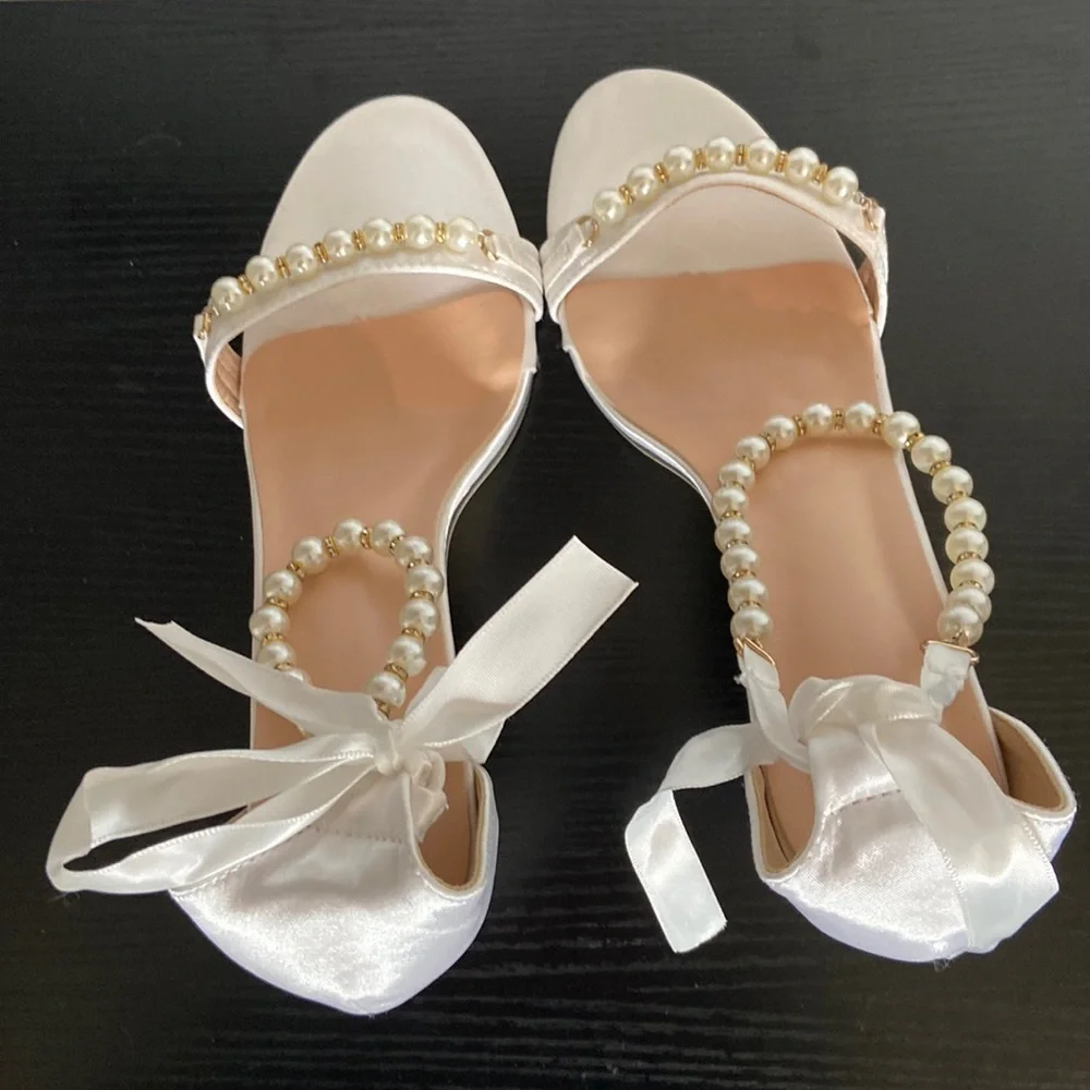 Women white 4” platform open toe pearls, tie ankle satin more pearls SZ 10 EU 41 - Picture 3 of 7